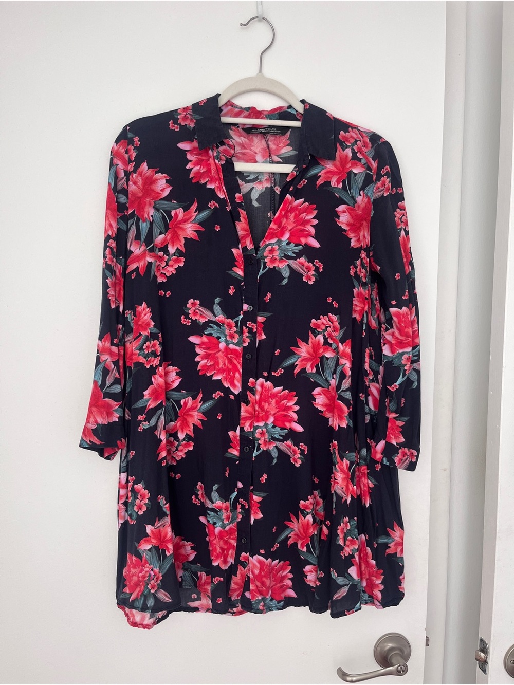 Zara Navy Long-Sleeve Floral Button Dress with Pink Flowers